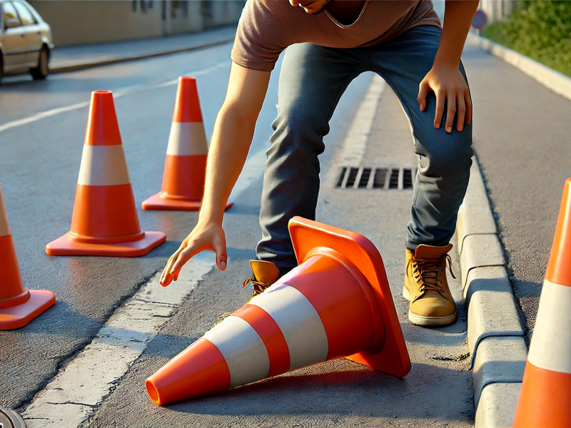 Mann greift nach umgekipptem Leitkegel