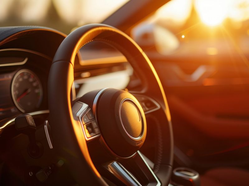 Lenkrad im Innenraum eines Autos. Die Sonne scheint durchs Autofenster.