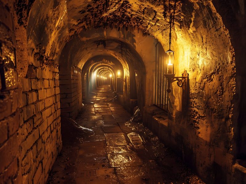 KI-generiertes Bild eines Tunnels mit GewÃ¶lbe aus Stein, in dem Fackeln hÃ¤ngen.