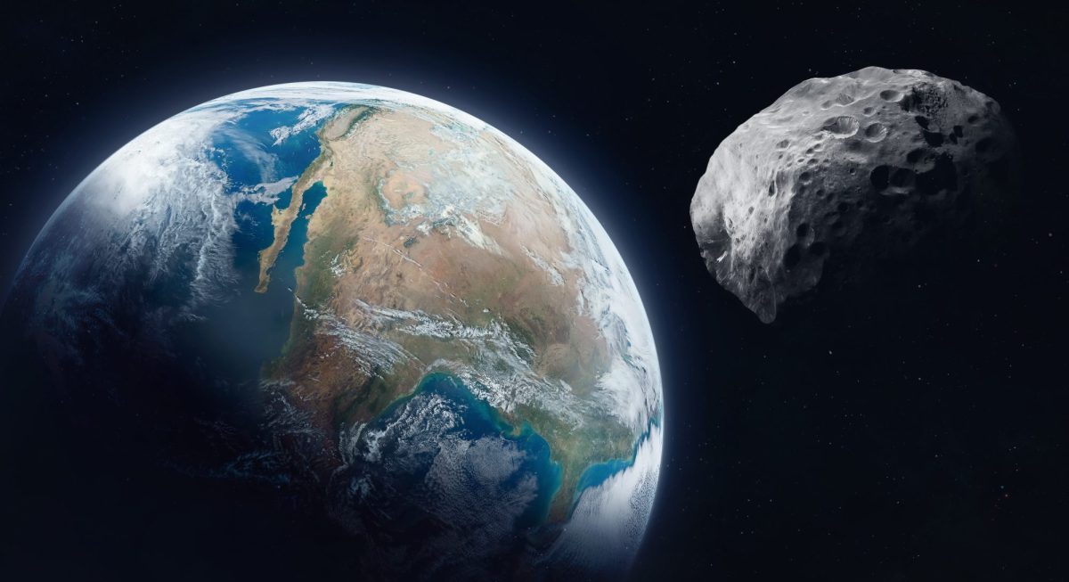 Asteroid schwebt um die Erde. Computergeneriertes Bild.