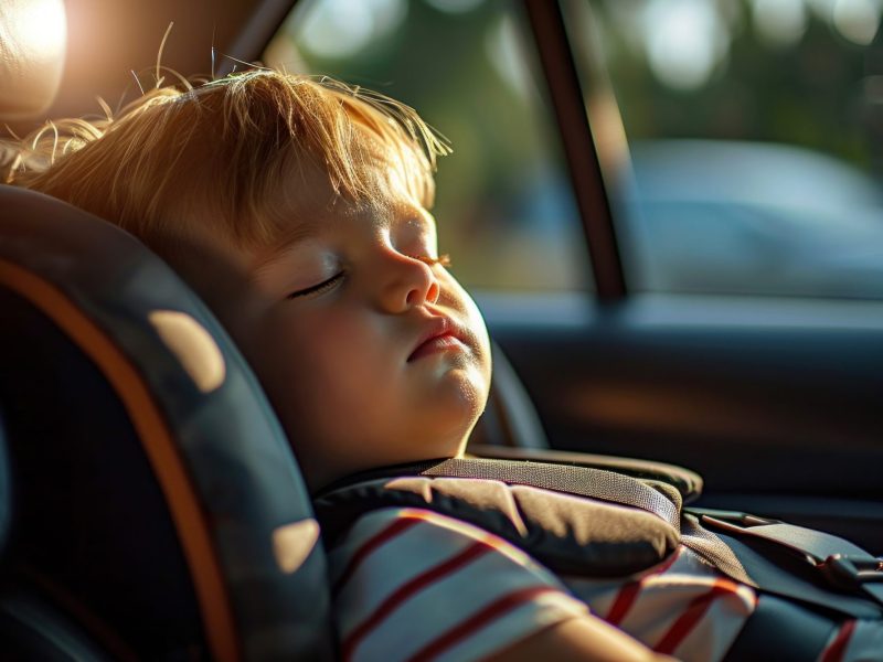 Schlafendes Kind in einem Kindersitz auf der RÃ¼ckbank eines Autos. Durch die Autoscheibe scheint die Sonne.