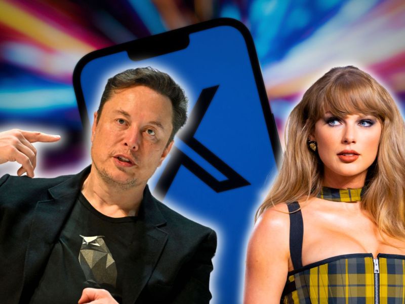 Elon Musk (l.) und Taylor Swift (r.) vor einem X-Logo