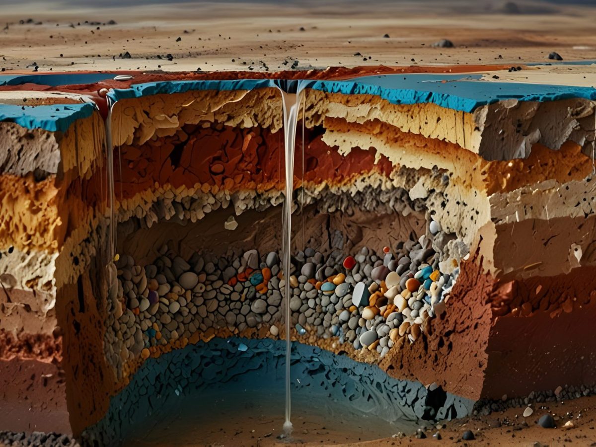 KI-generiertes Bild des Querschnitts der Erdkruste, die im inneren verschiedene Mineralien enthält.