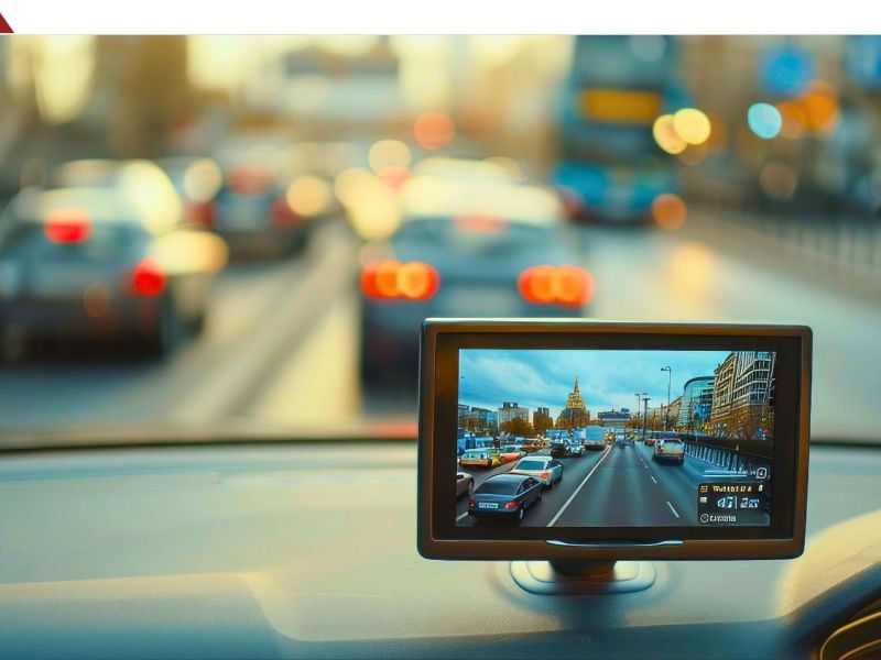 Monitor einer RÃ¼ckfahrkamera ist auf einem Armaturenbrett befestigt. Durch die Windschutzscheibe sind Autos auf einer StraÃŸe zu sehen.