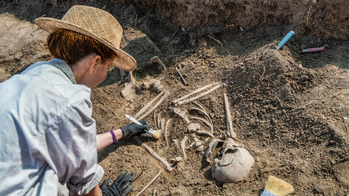 Forscherin arbeitet an einem archÃ¤ologischen Fund