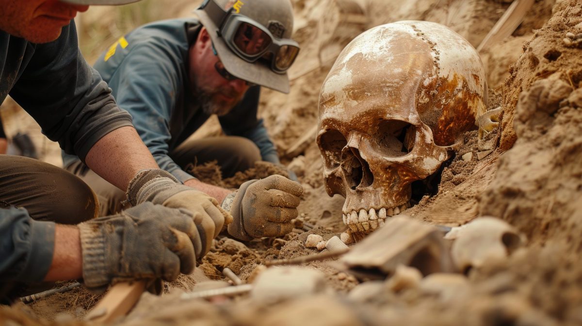 MÃ¤nner arbeiten an einem archÃ¤ologischen Fund.