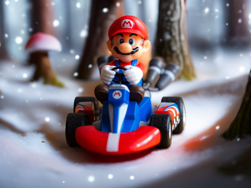 Super-Mario-Figur steht in einem Schnee-Setting.