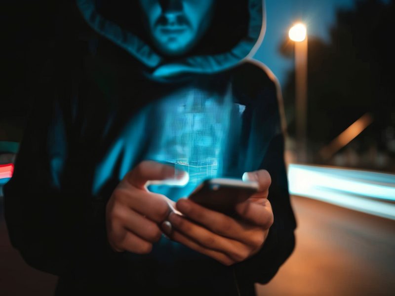 Person mit Kapuze Ã¼berm Kopf hÃ¤lt ein Handy in der Hand.