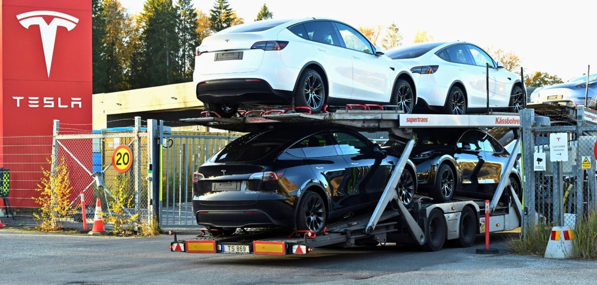 Tesla-Elektroautos auf einem Transporter