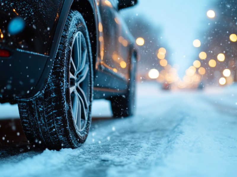 KI-generiertes Bild eines Autos auf einer mit Schnee bedeckten StraÃŸe.