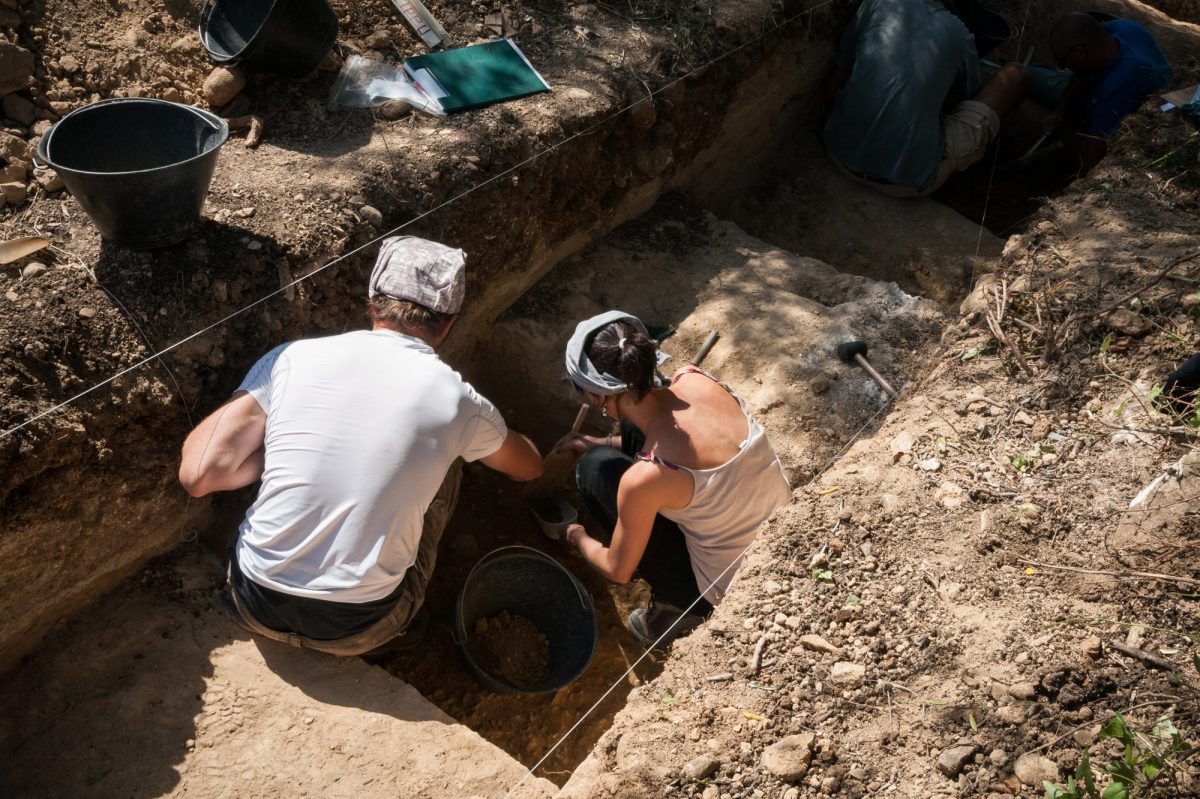 Mehrere Personen arbeiten an einem archäologischen Fund.