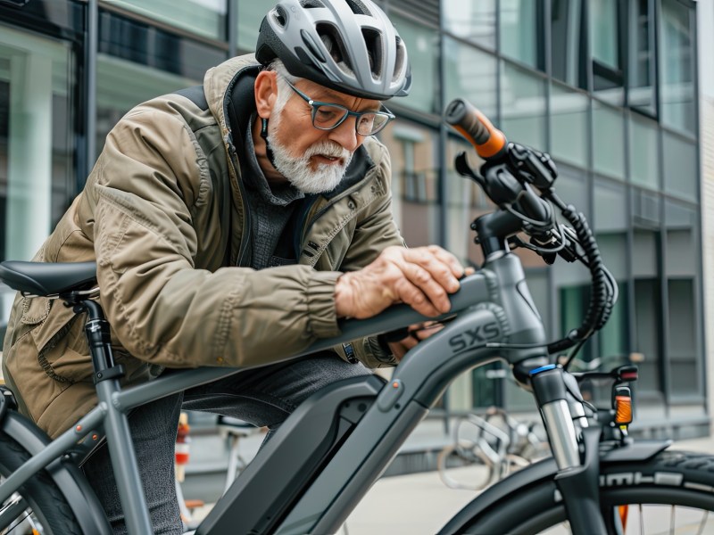 Älterer Mann bearbeitet sein E-Bike