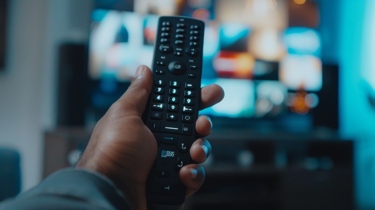 Person hält eine Fernbedienung vor einen Fernseher.