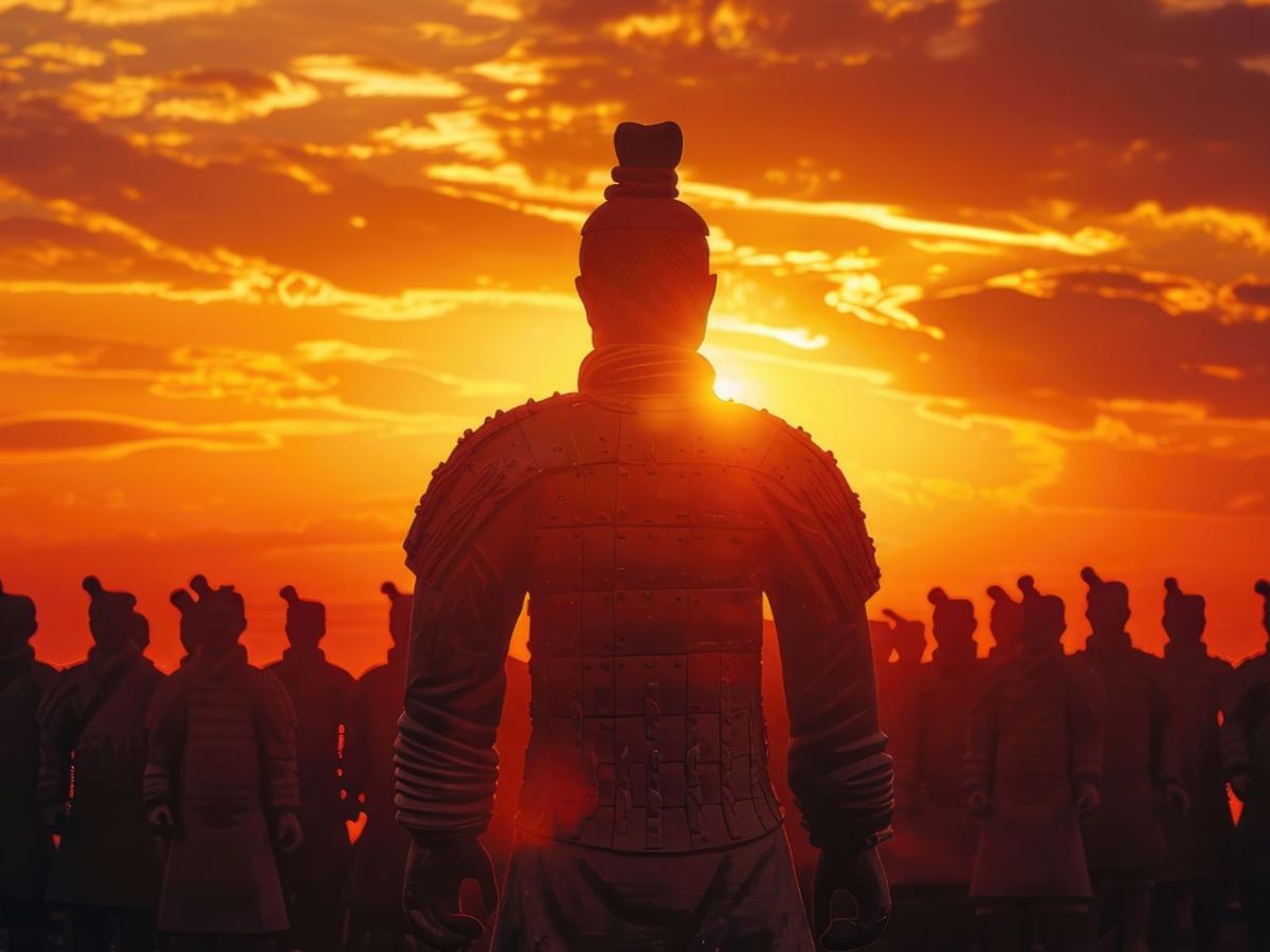 Sonnenaufgang über dem Mausoleum des Kaisers Qin Terrakotta-Armee silhouetted gegen einen feurigen Himmel