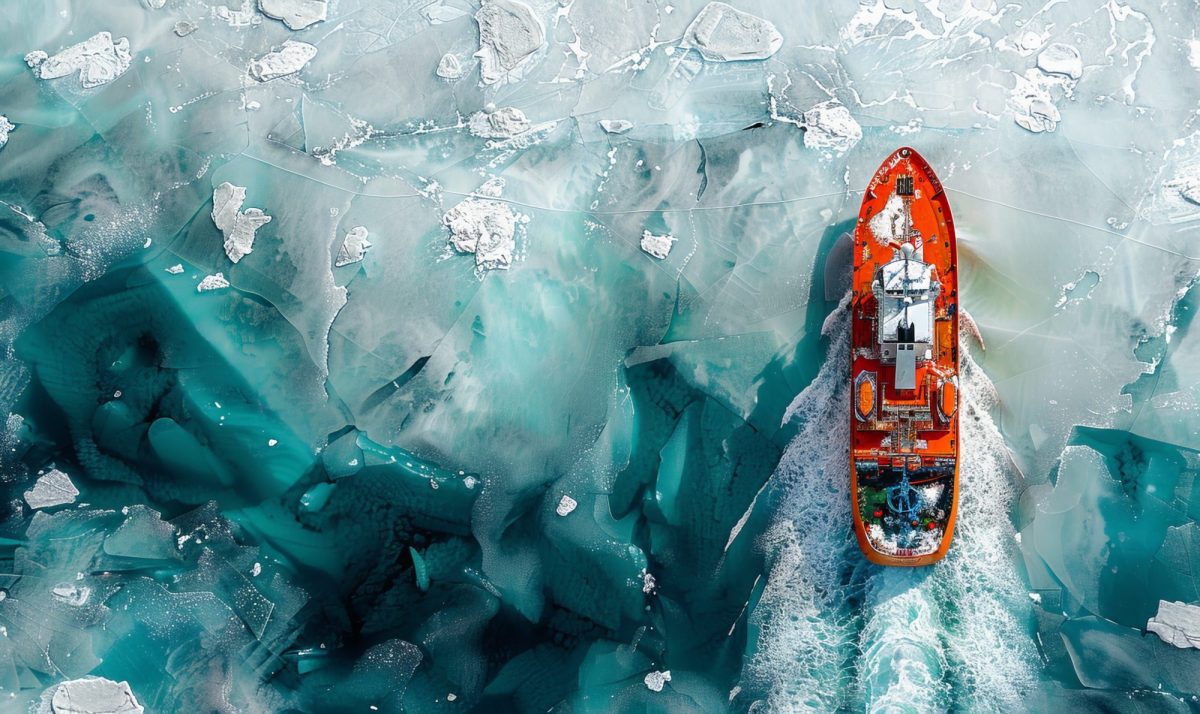 KI-generiertes Bild eines Schiffes, welches auf Wasser mit zahlreichen Eisschollen fährt.
