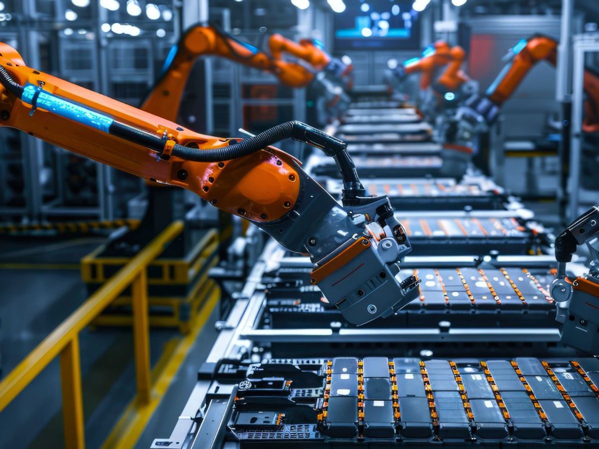 Montagelinie mit Roboterarmen, die Batteriezellen für Elektrofahrzeuge in Gehäusen handhaben und positionieren, unter heller Industriebeleuchtung