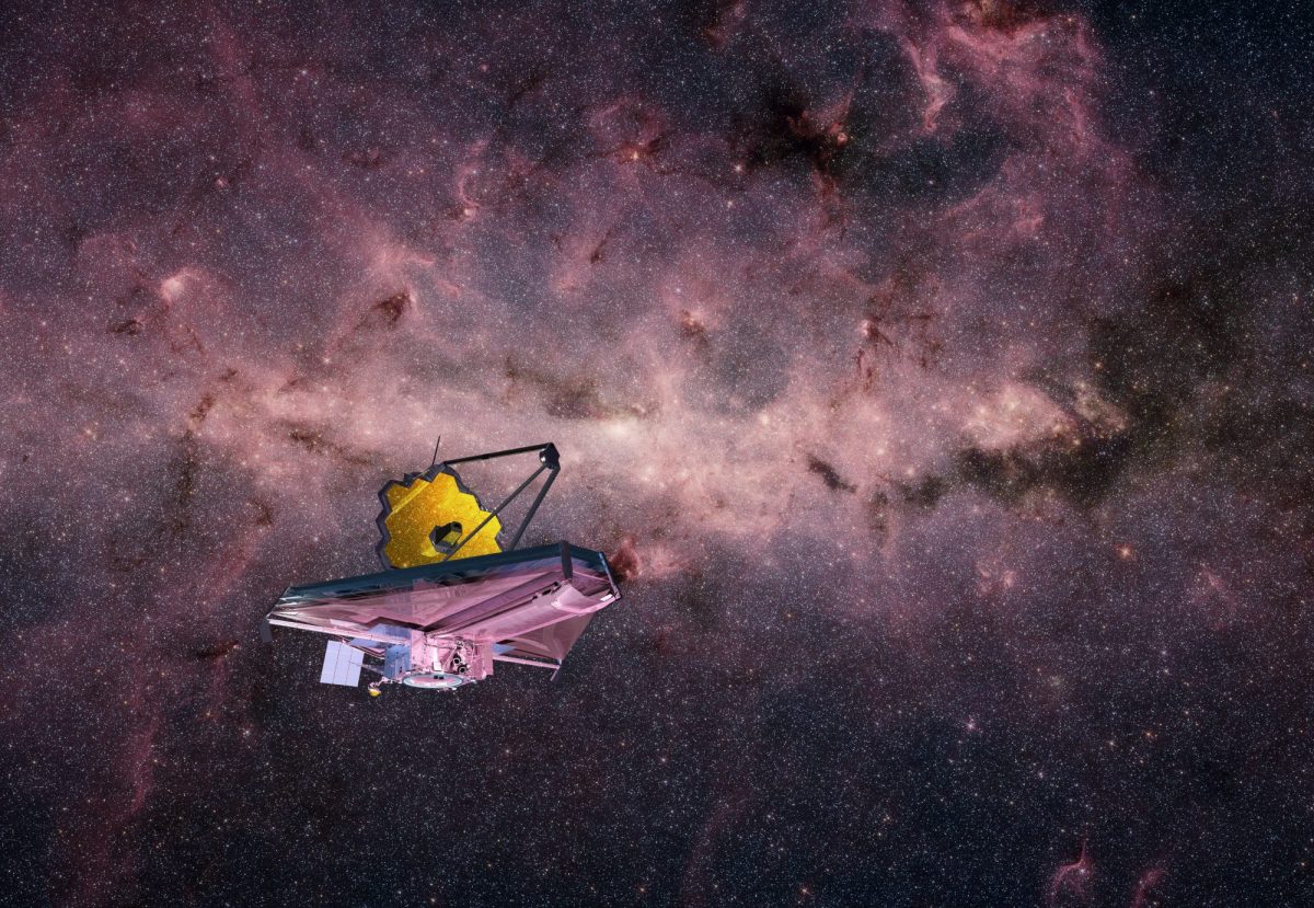 James-Webb-Teleskop schwebt vor Hintergrund einer Galaxie.