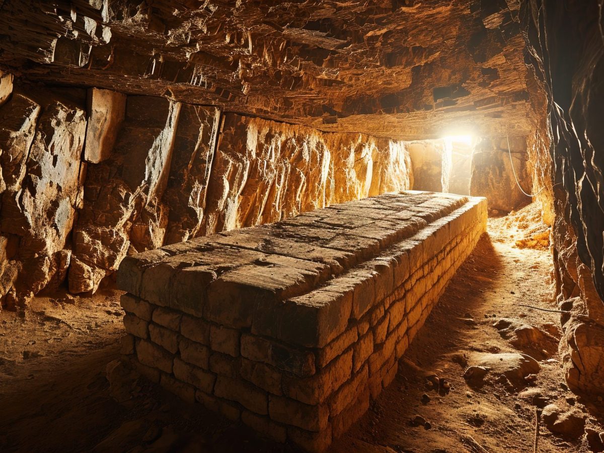 KI-generiertes Bild eines Steinsargs in einer Höhle.