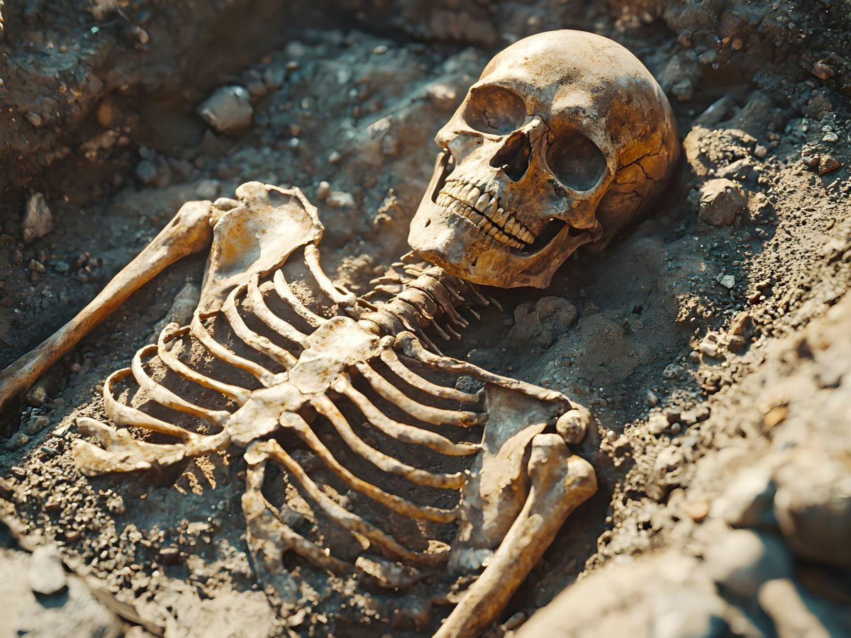 Skelett im Boden als archäologischer Fund (KI-generiert)
