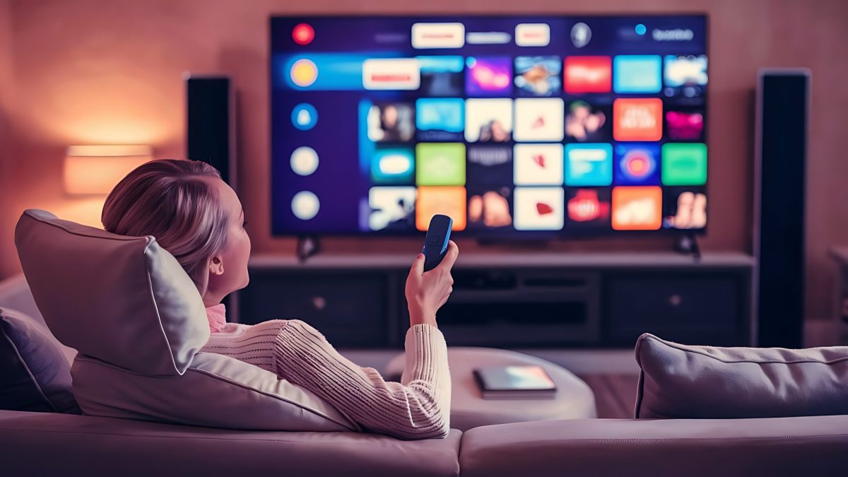 KI-generiertes Bild einer Frau, die vor einem Fernseher auf einem Sofa sitzt und eine Fernbedienung in der Hand hält.