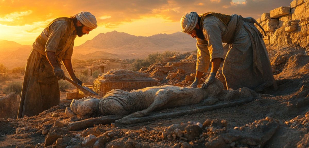 Männer graben an einem archäologischen Fund (KI-generiertes Bild).