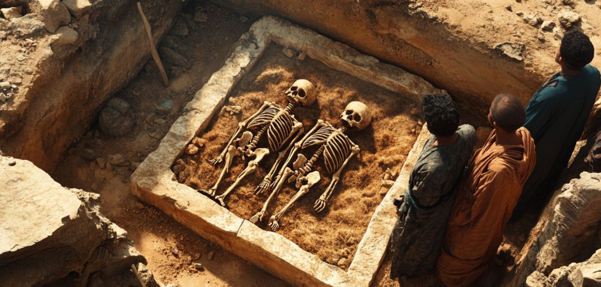 Skelette in einem Grab als archäologischer Fund (KI-generiertes Bild)
