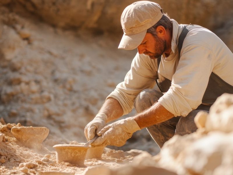 Mann arbeitet an einem archäologischen Fund.