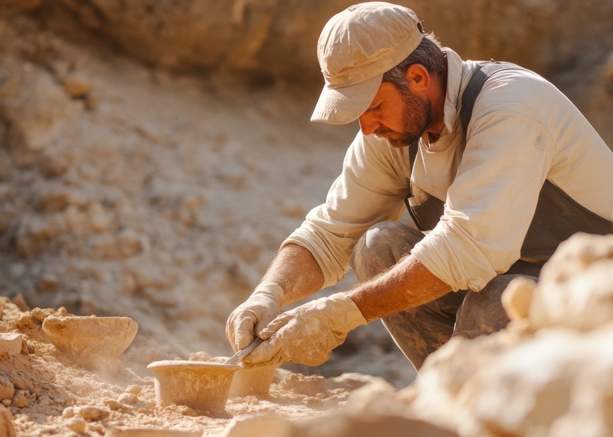 Mann arbeitet an einem archäologischen Fund.