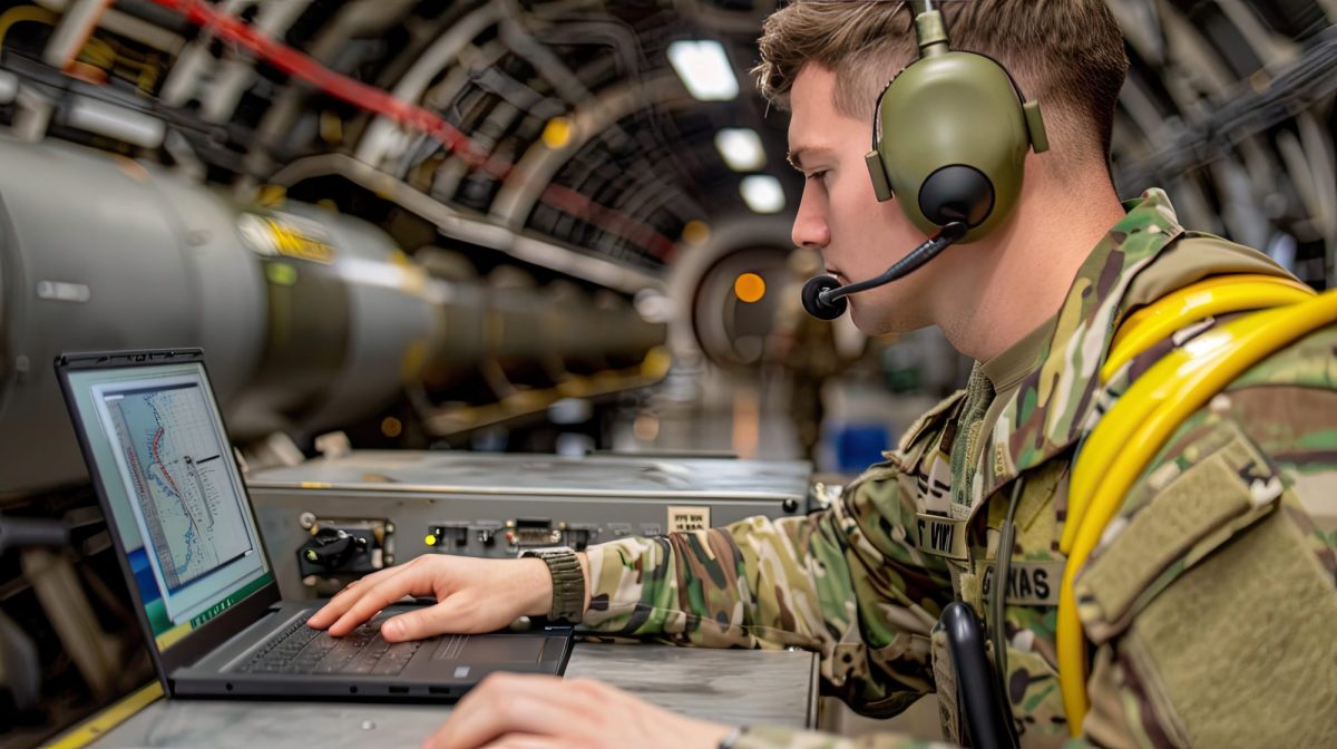 Bombe mit Operator in einem Flugzeugbauch (KI-generiertes Bild).
