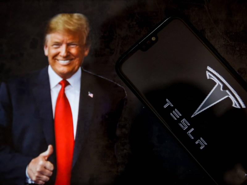 Donald Trump vor einem Tesla-Logo.