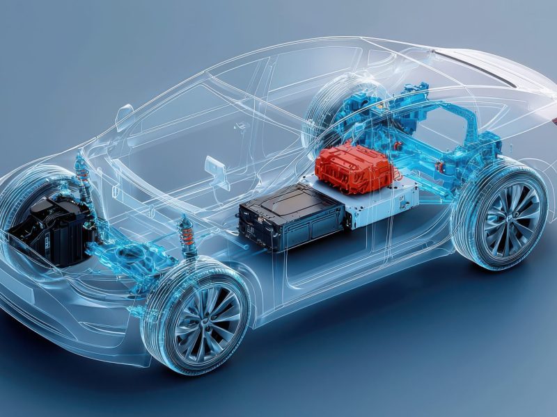 Illustration der Bauteile eines Elektroautos.