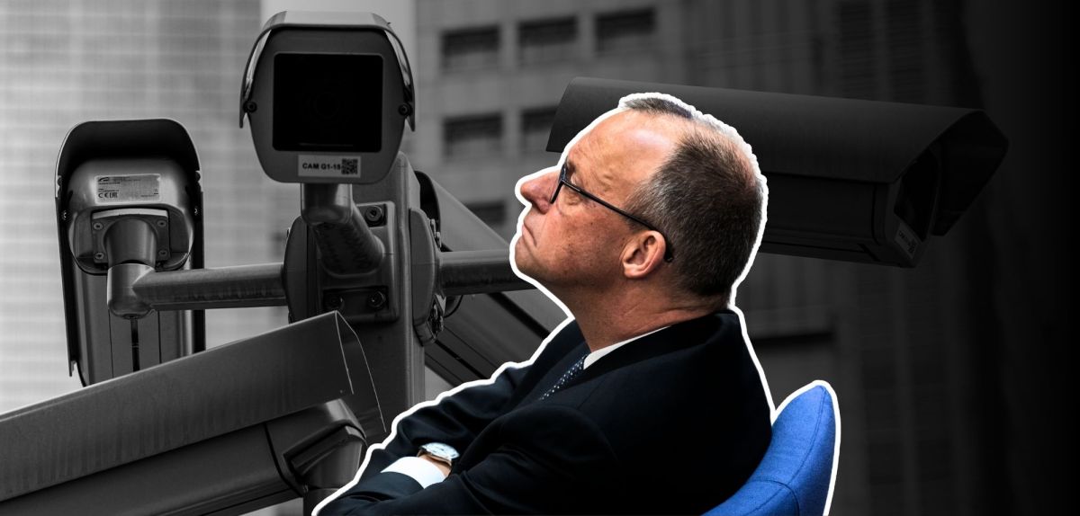 Friedrich Merz vor einer Überwachungskamera