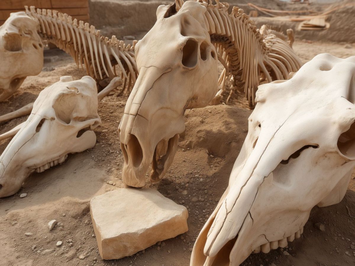 Skelette von Pferden als archäologischer Fund (KI-generiertes Bild).