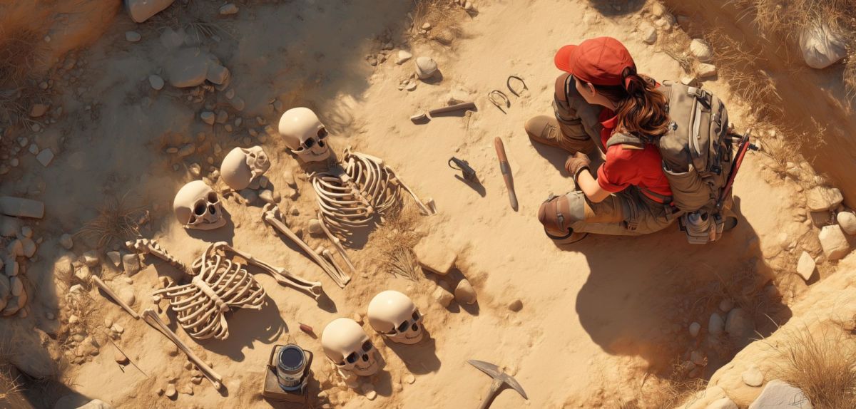 Forscherin betrachtet einen archäologischen Fund (KI-generiertes Bild).