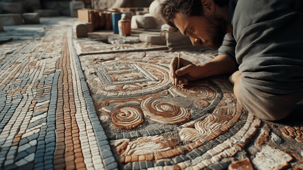 KI-generiertes Bild eines Mannes der ein antikes Mosaik am Boden freilegt.