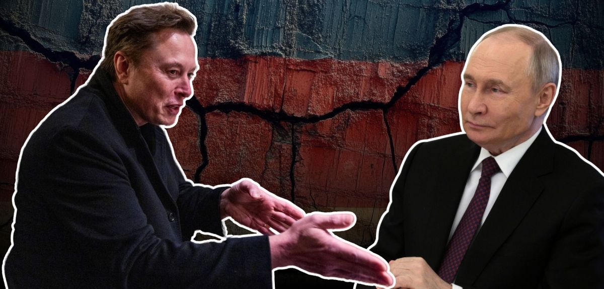 Elon Musk (l.) und Wladimir Putin (r.) vor einer bröckelnden Deutschlandflagge