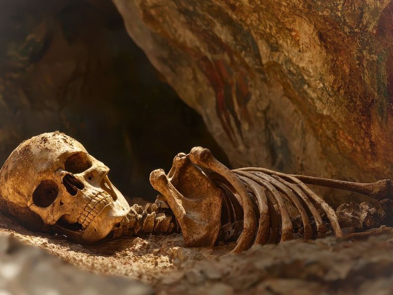 KI-generiertes Bild eines Skelettes in einer Höhle.