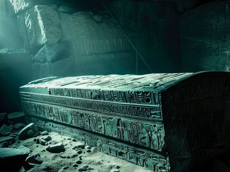 KI-generiertes Bild eines Sargs in einer dunklen Höhle.
