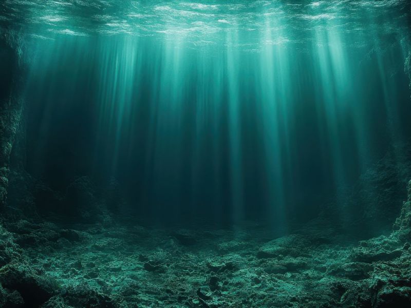 KI-geniertes Bild einer Unterwasserhöhle, Lichtstrahlen fallen durch die Wasseroberfläche.
