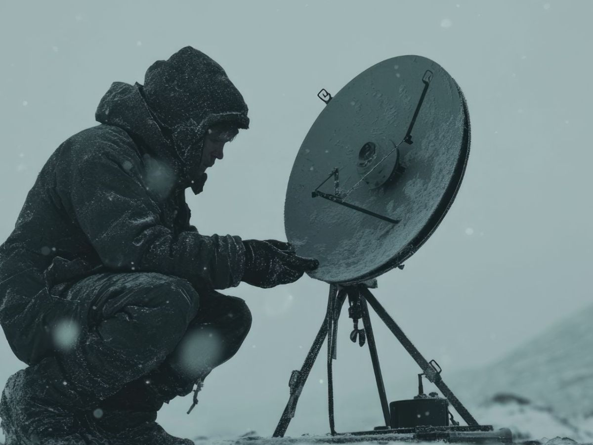 KI-generiertes einer Person in Winterbekleidung in einem Schneesturm, die neben einer Satellitenantenne kniet.
