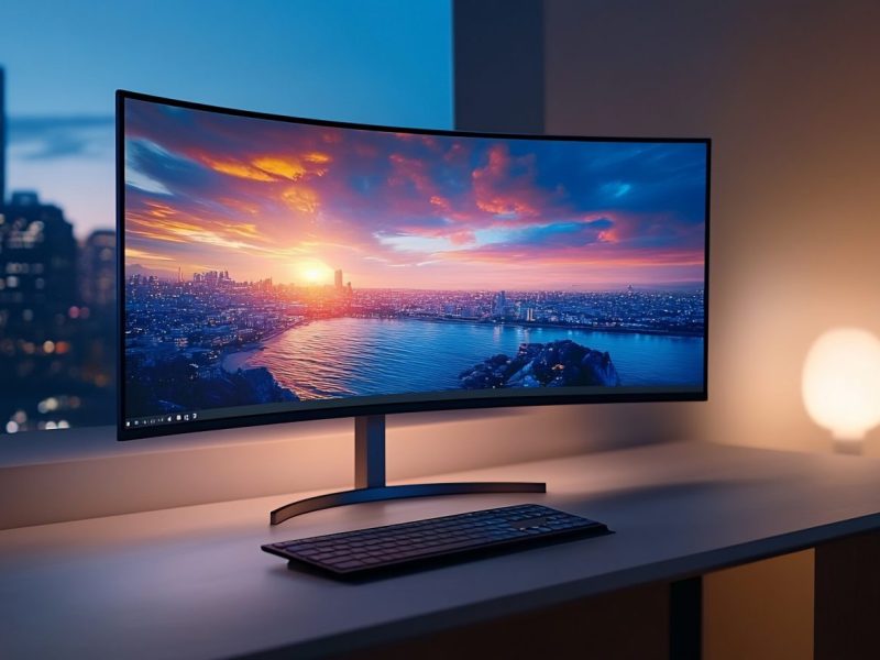 Großer Curved-Monitor auf einem Schreibtisch
