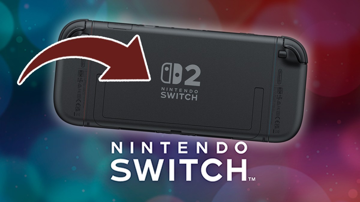 Bild der Rückseite der Nintendo Switch 2, auf die ein Pfeil zeigt.