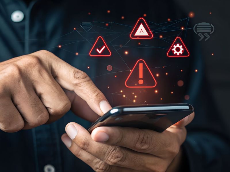 Person hält ein Smartphone in der Hand. Darüber wird ein Warn-Symbol angezeigt.