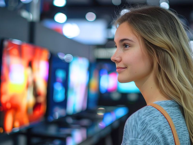 KI-Bild einer Person, die sich Fernseher in einem Geschäft anguckt.