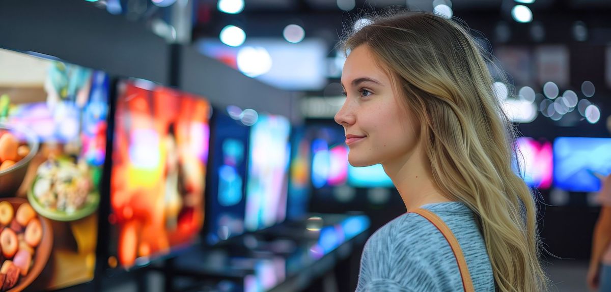 KI-Bild einer Person, die sich Fernseher in einem Geschäft anguckt.