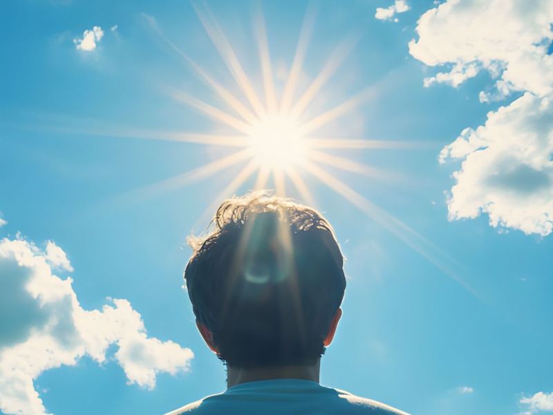 Mensch vor blauem Himmel mit Sonnenstrahlen.
