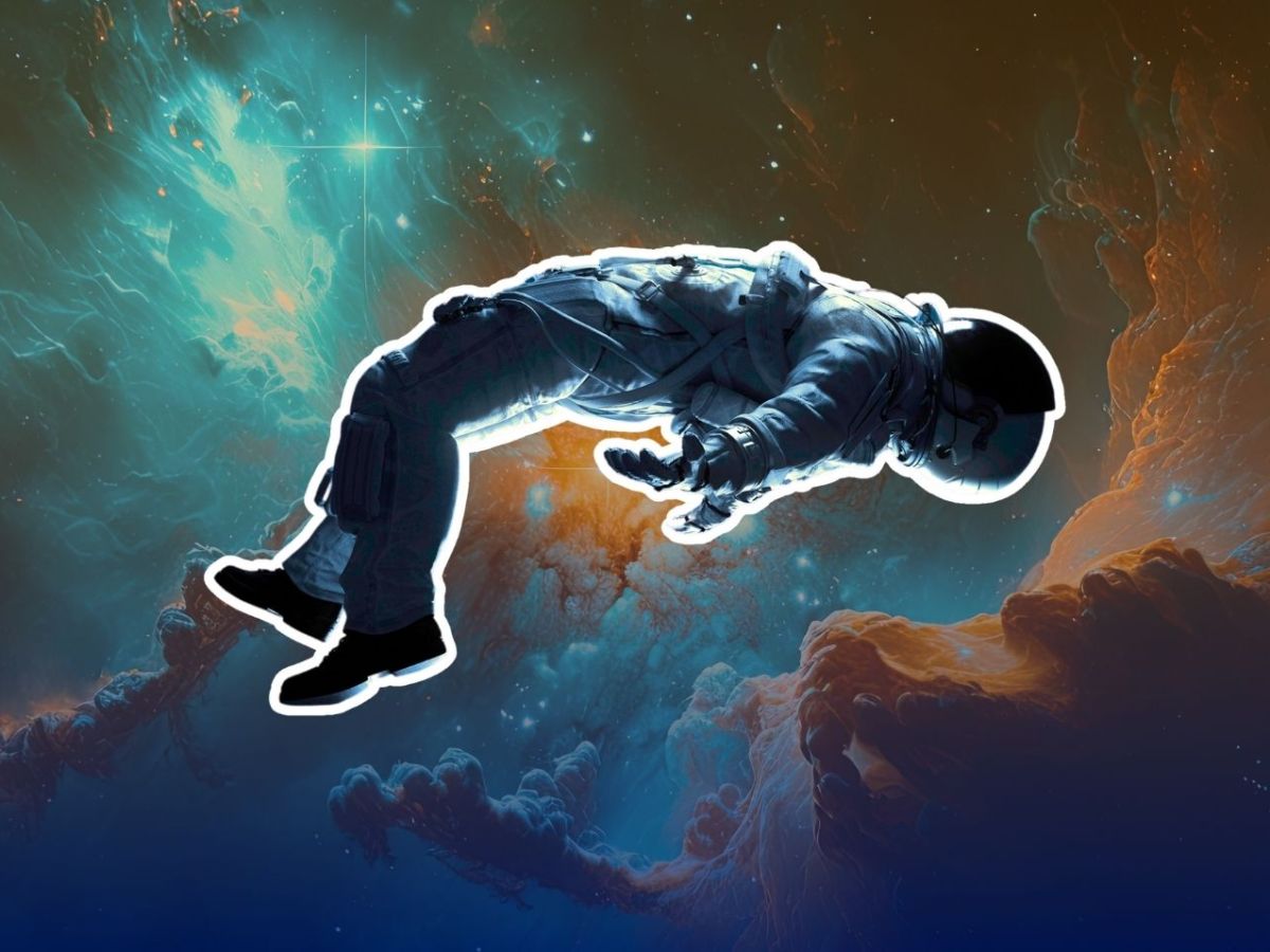 Astronaut vor einem kosmischen Nebel.