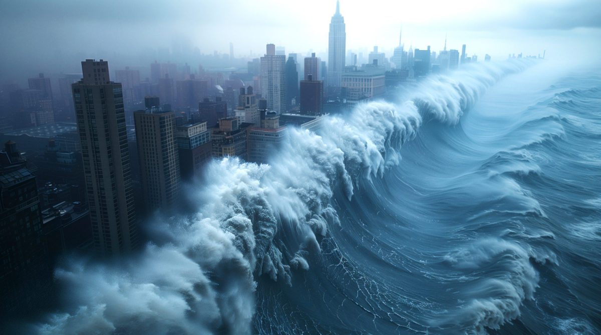 Tsunami trifft auf Stadt